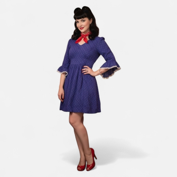 Modcloth Dresses & Skirts - Modcloth × Bea & Dot Polka Dot Lace Trim Bell Sleeve Belted Mini Dress Pin Up XL